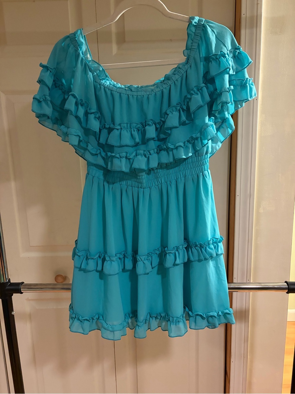 Pink Lily Turquoise Ruffle Off-Shoulder dress